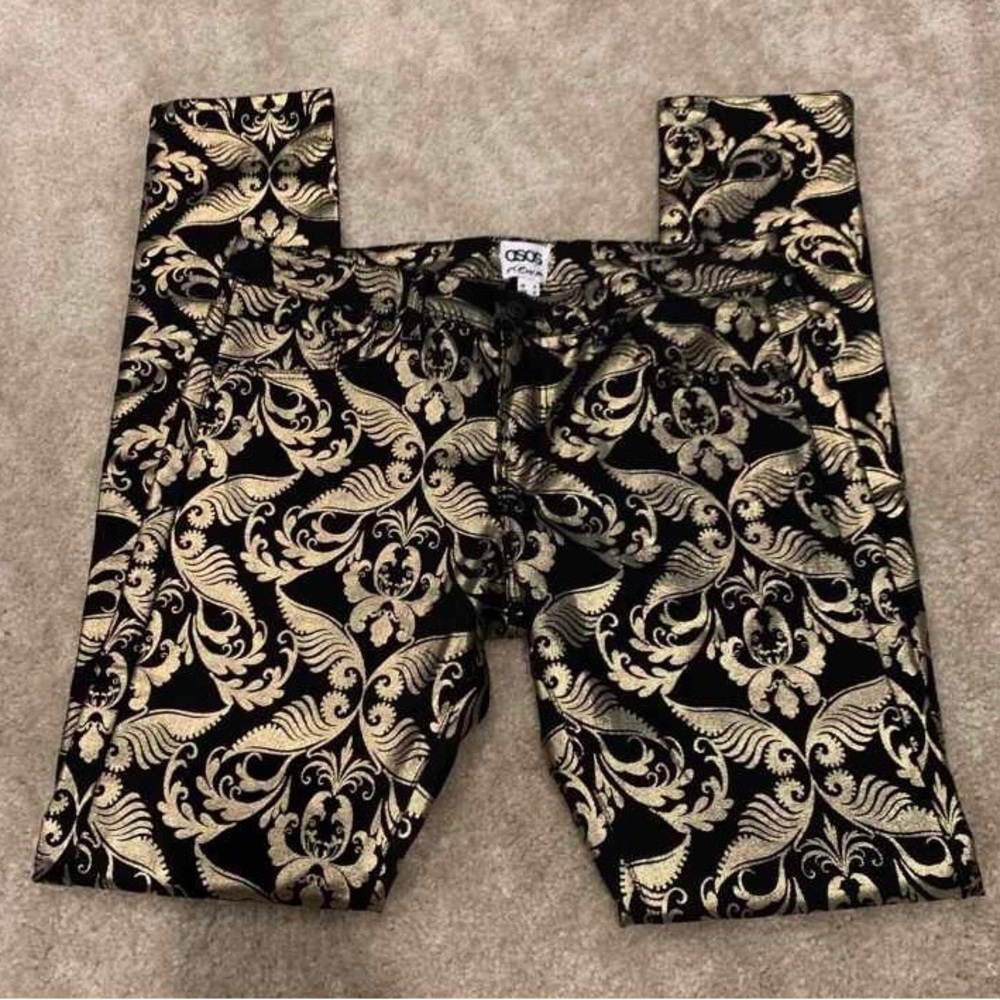 ASOS size 8 Black & Gold Foil Filigree Skinny jeans. Like New.